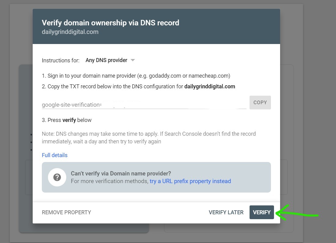 Go Back To Google Search Console and Click Verify